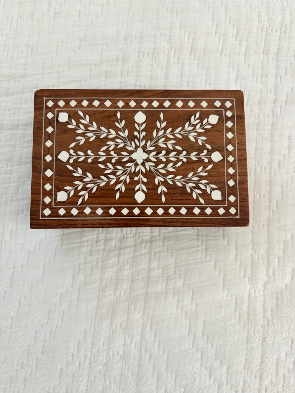 Inlaid Wood Jewelry Box with White Floral Motif made in India